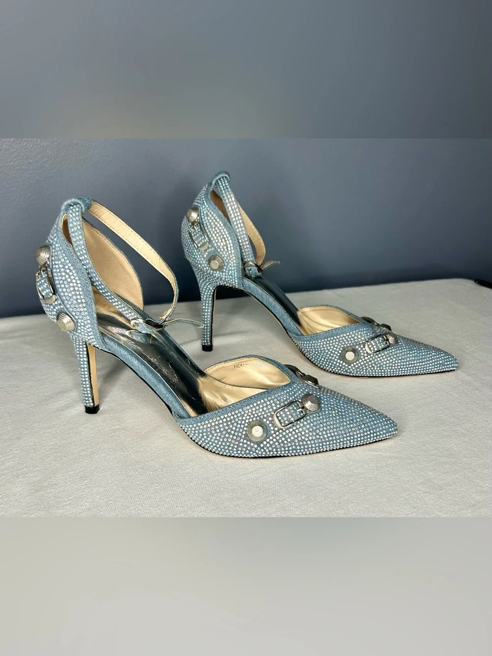 Azalea Wang Shoes Womens 7.5 Blue Denim Rhinestone Ankle Strap Stiletto Heel